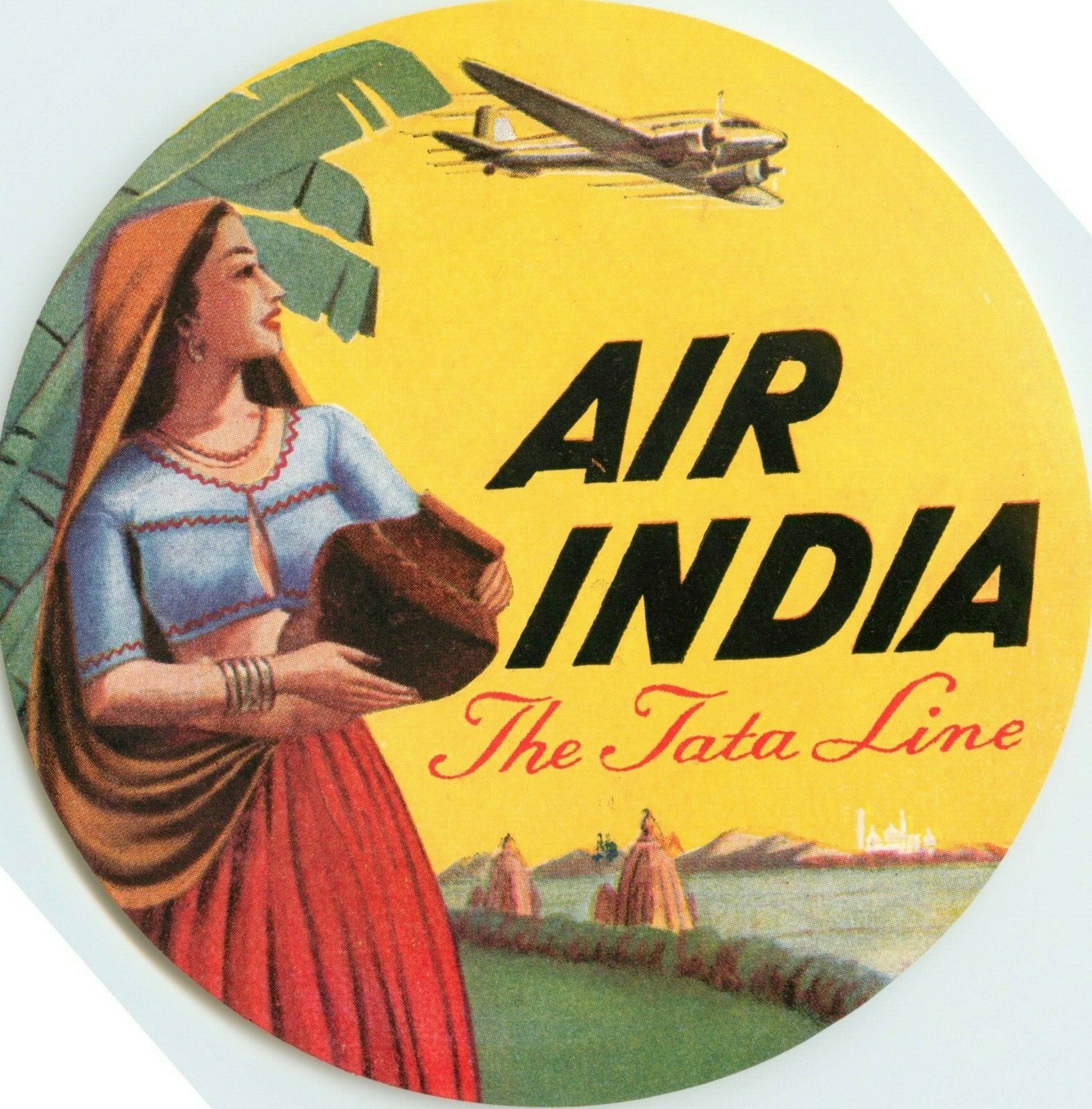 The TATA Line ~AIR INDIA~ Large and Beautiful Old Airline Luggage Label, c. 1955
