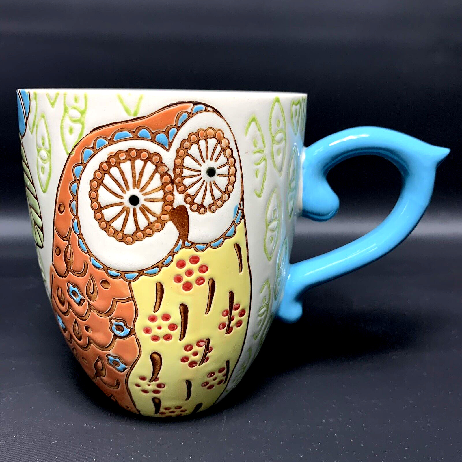 DUTCH WAX OWL MUG CUP Hand Painted Coffee Tea Bright Floral Coastline Imports