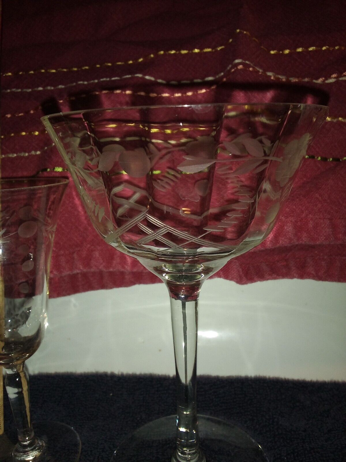 antique cut crystal wine glass roses leaves pattern delicate loner