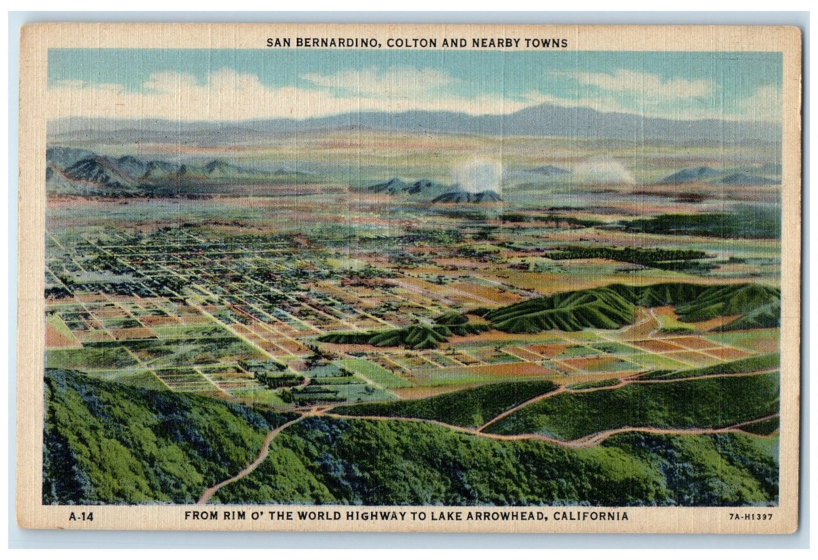 c1940's Aerial View From Rim O' World Highway Lake Arrowhead California Postcard