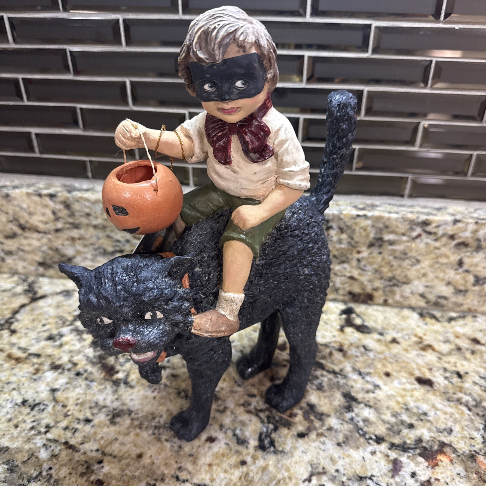 Bethany Lowe Masked Trick-or-Treater Riding Black Cat Halloween Figurine Decor