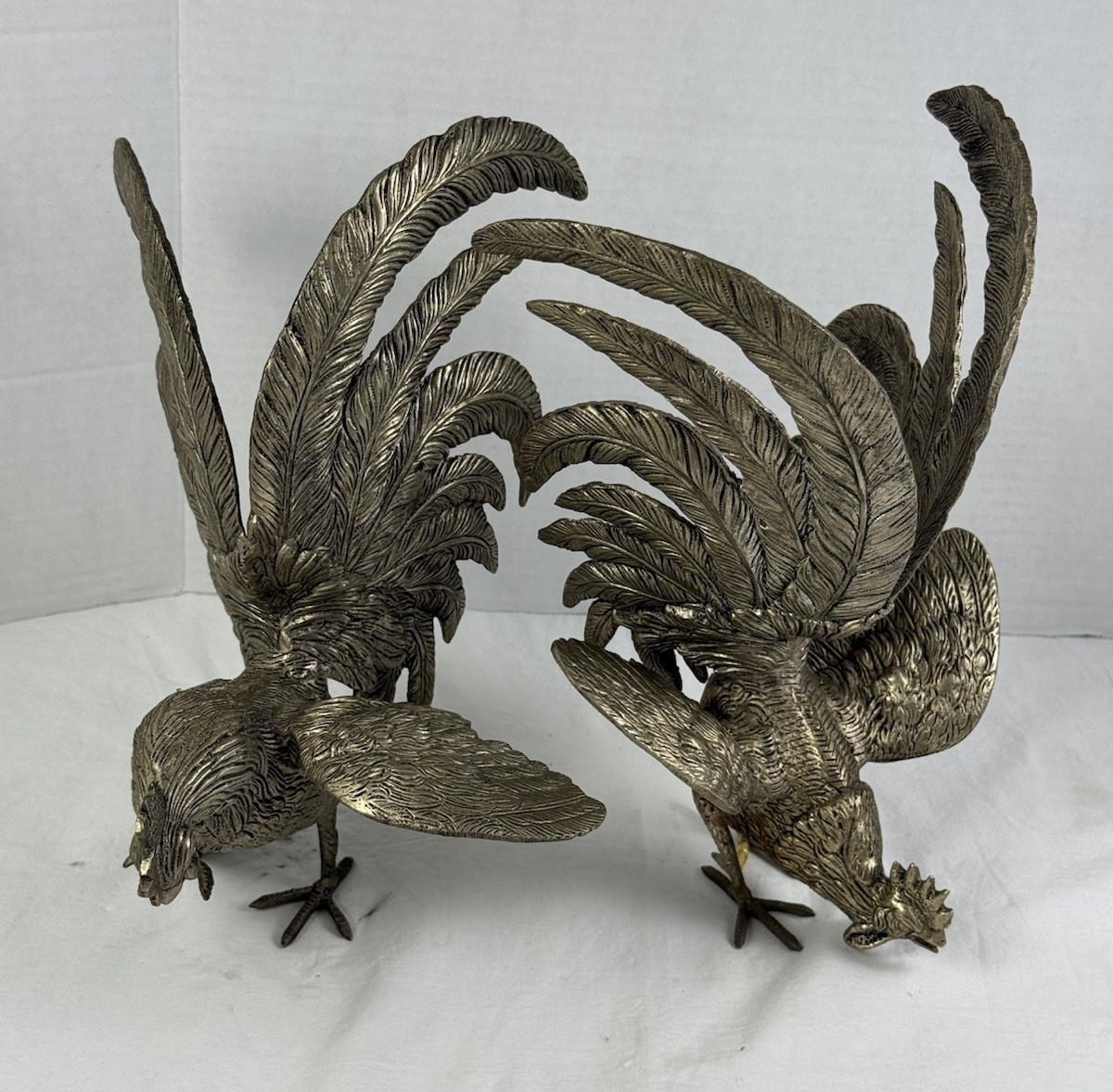 Vintage Silver-Plated Brass Fighting Roosters Hen Heavy Pair Mid Century 1950-70 Vintage Silver-Plated Brass Fighting Roosters Hen Heavy Pair Mid Century 1950-70