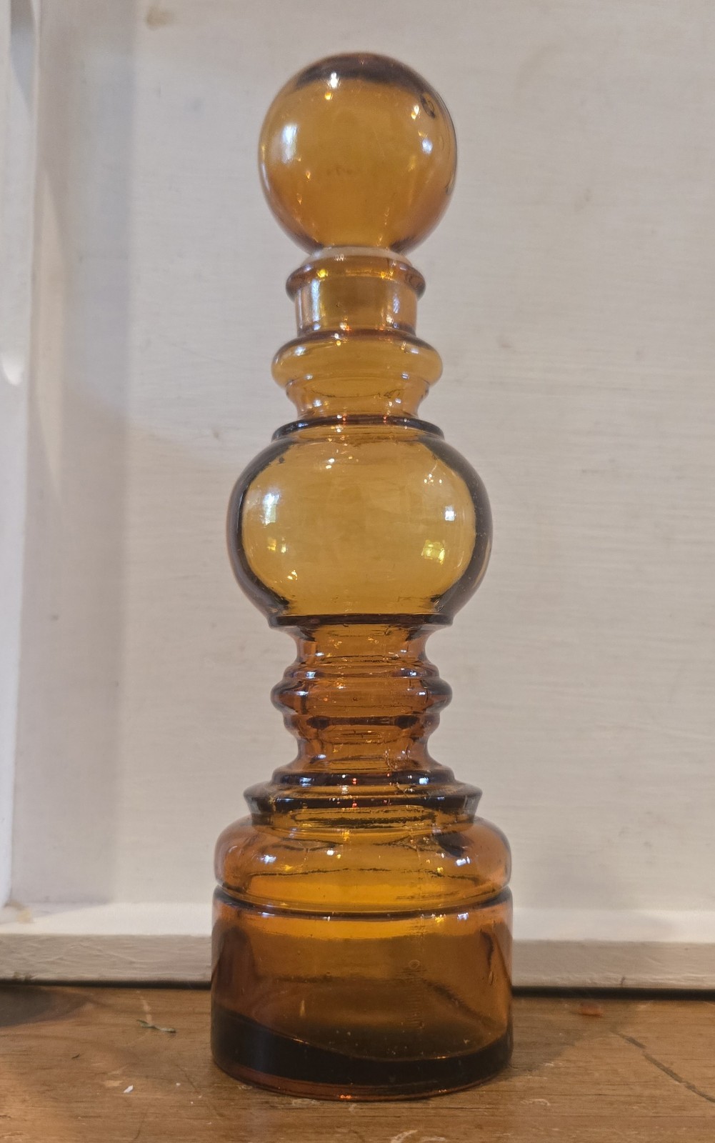 Vintage MCM Amber Glass Genie Bottle Decanter Ball Stopper 1960s Empoli Style