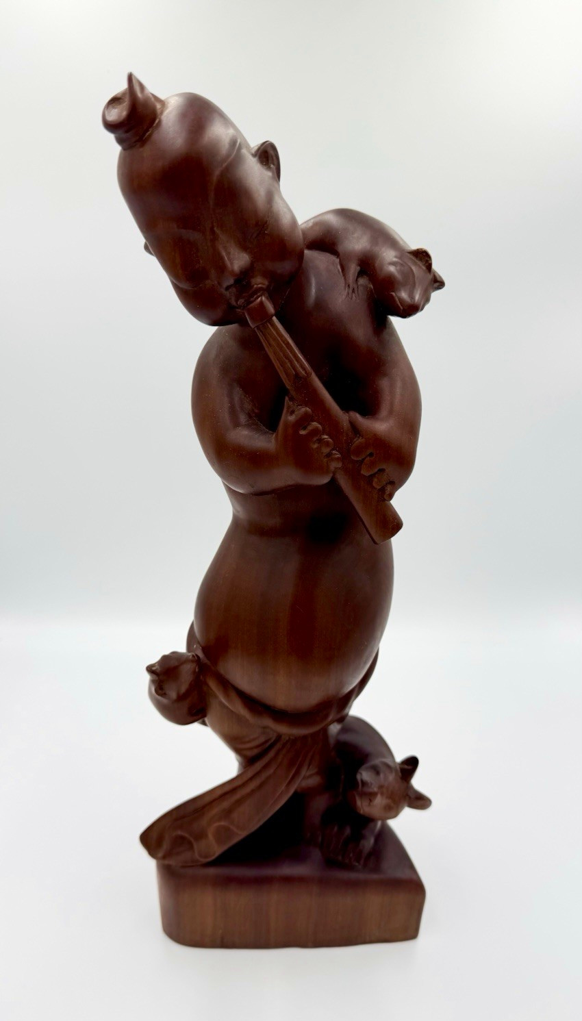 Vintage Hand Carved South East Asia Hard Wood Folk Art Sculpture Flutist w/ Rats