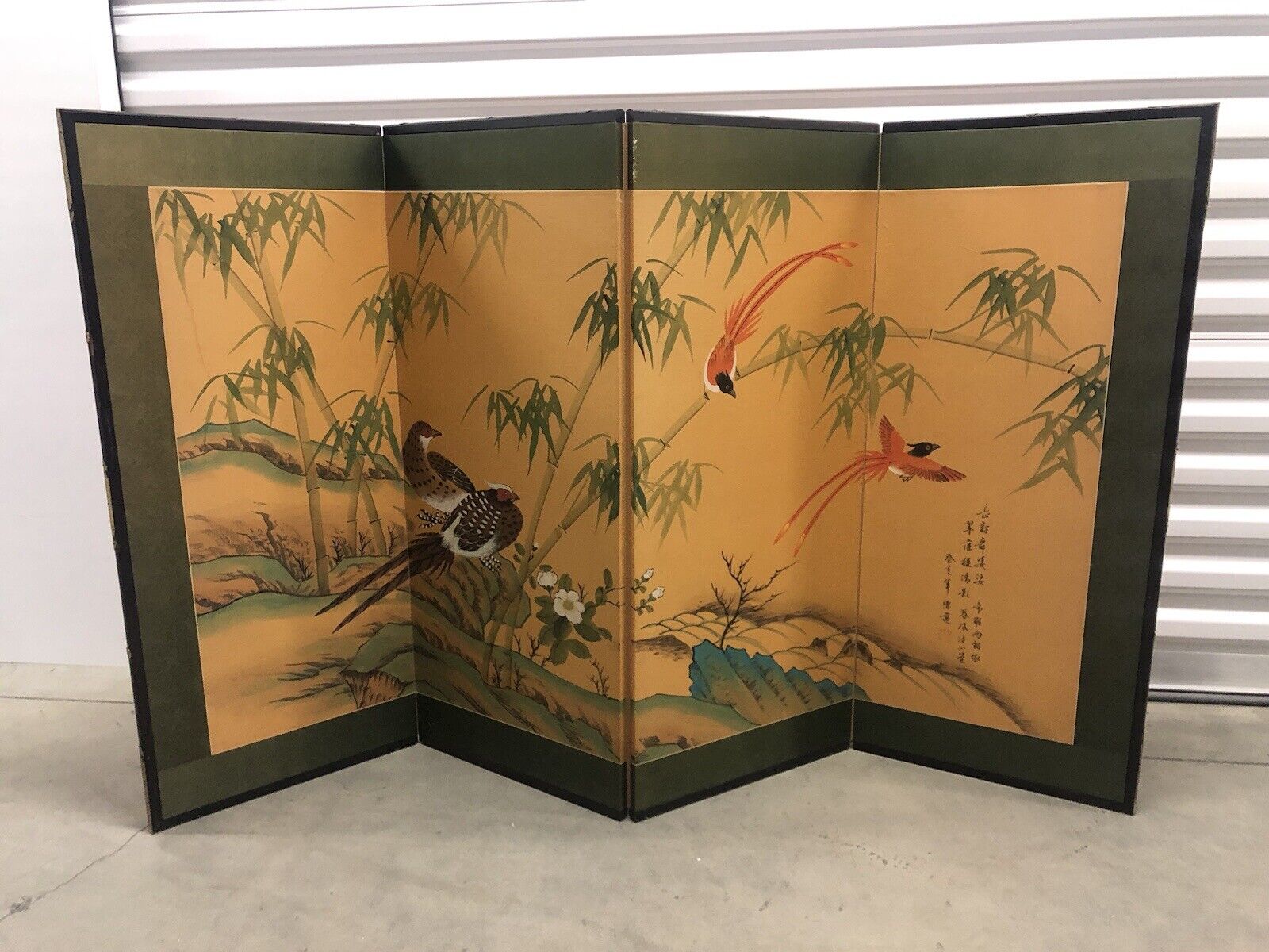 Vintage Oriental Asian 4 Panel Silkscreen Painting Signed - Birds Bamboo Flowers