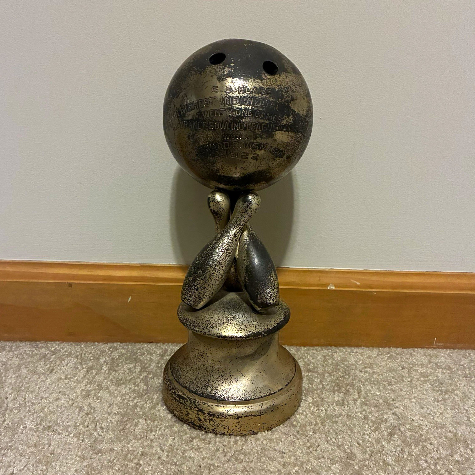 Antique 1922 Bowling Trophy Detroit Insurance League Ball And Pins