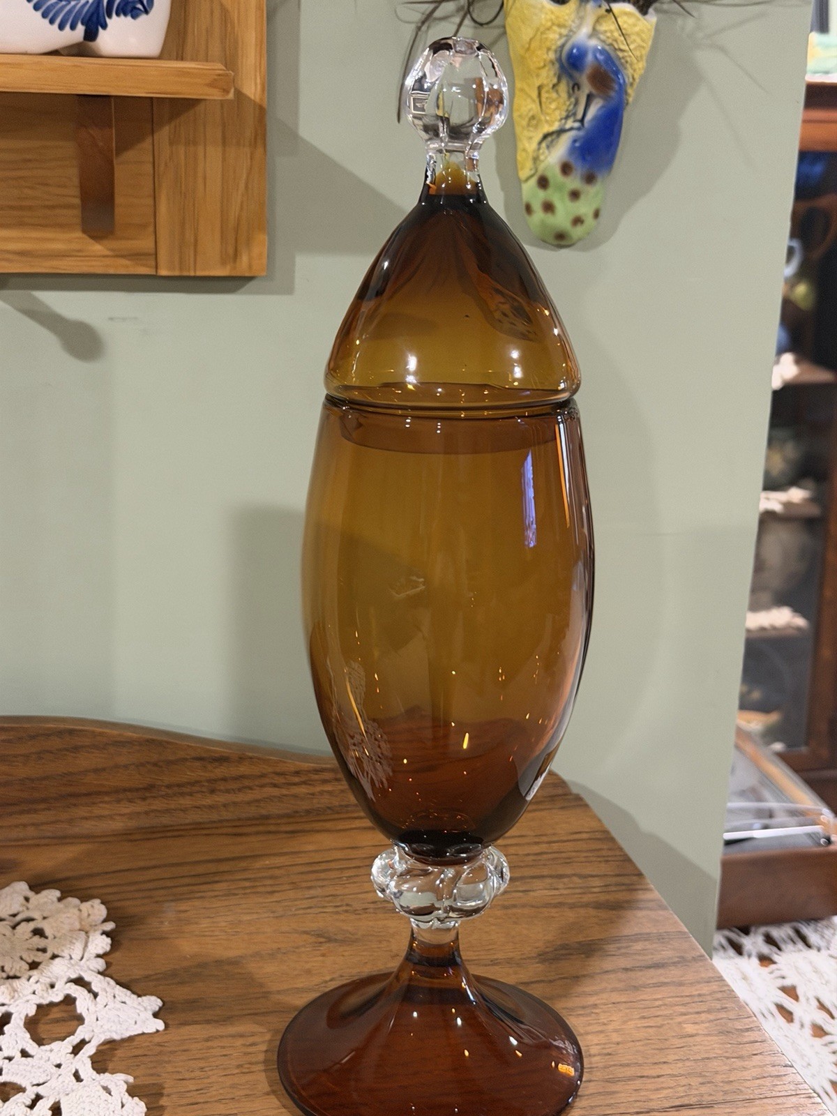 VINTAGE RICH AMBER GLASS / EMPOLI  APOTHECARY - COMPORT JAR / BEAUTIFUL LID/ 15\
