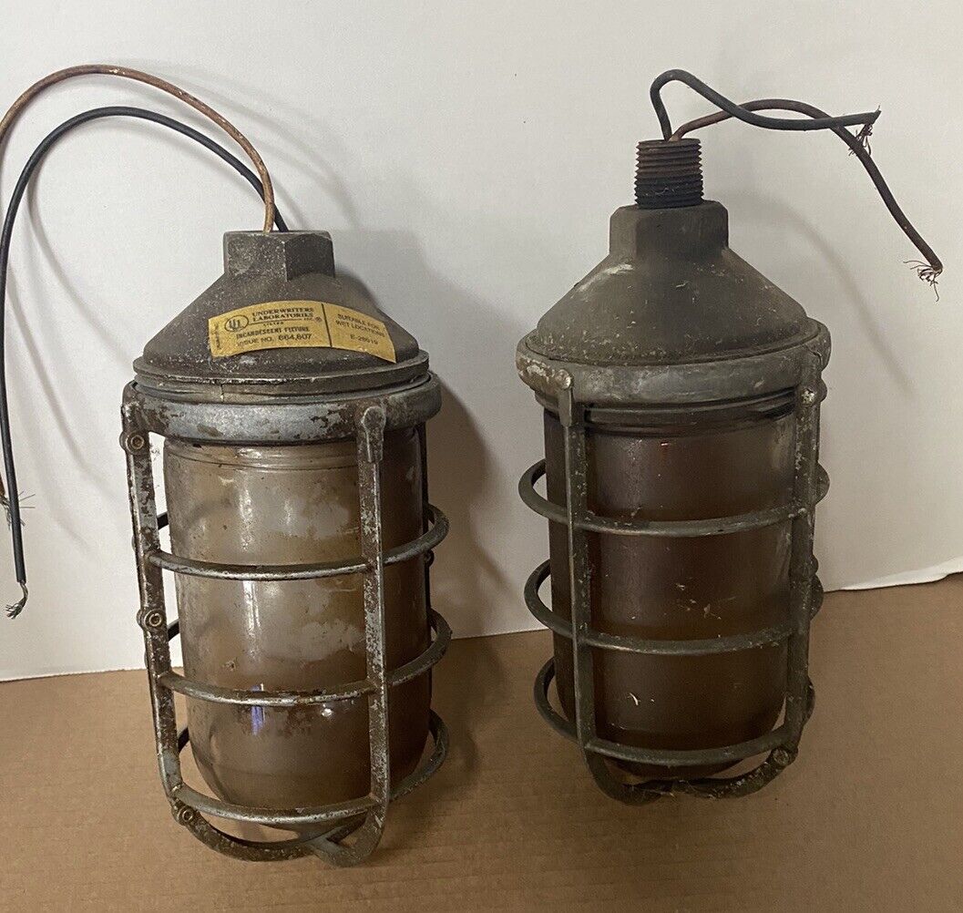 Pair of Vintage Industrial Caged Light Fixtures Repurpose Decor Factory 
