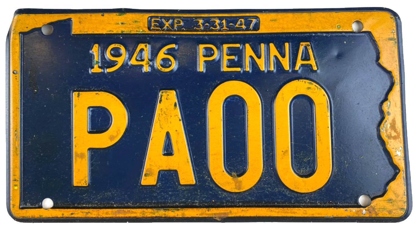 Vintage Pennsylvania 1946 Auto Sample License Plate PA 00 Man Cave Garage Decor