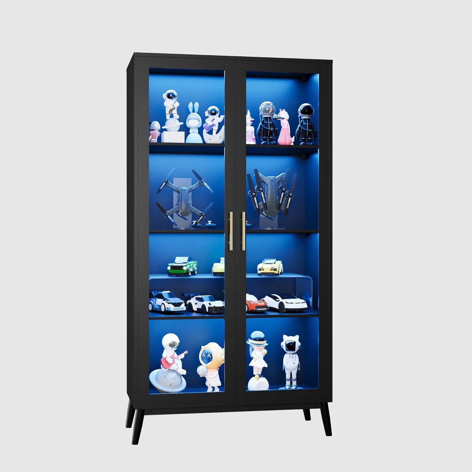 Display Cabinet Glass RGB LED Lights 4-Tier Curio Case Glass Doors USB Charging