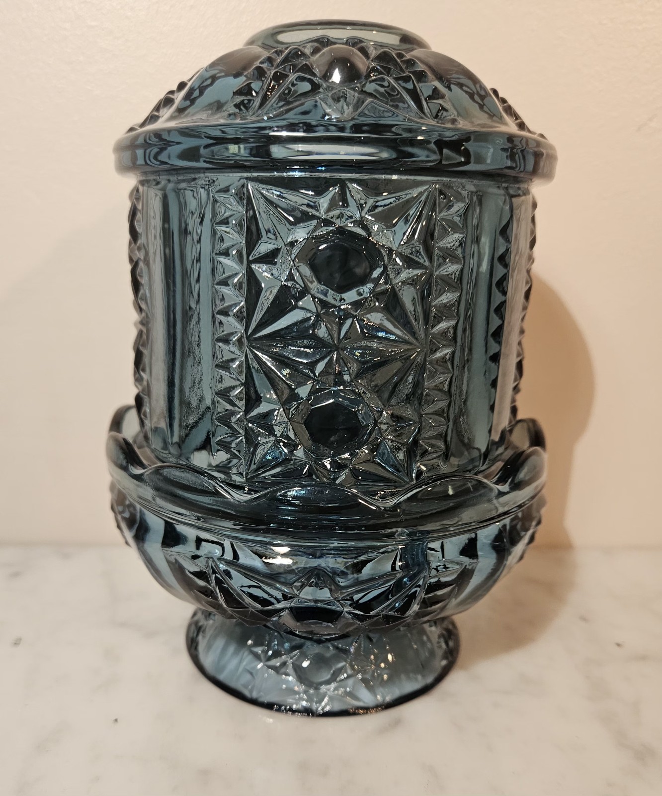 Vintage Indiana Glass Stars & Bars Large Fairy Lamp Colonial Blue 6.5 Inches