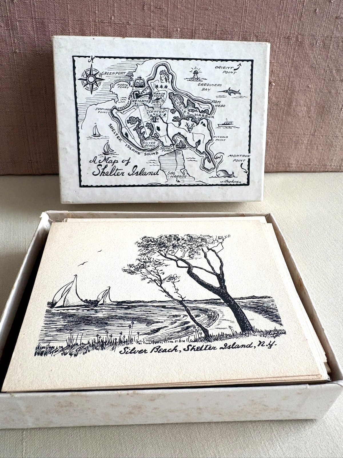 Vintage Boxed Set of Shelter Island NY Notecards 16 Pictorial Small Cards