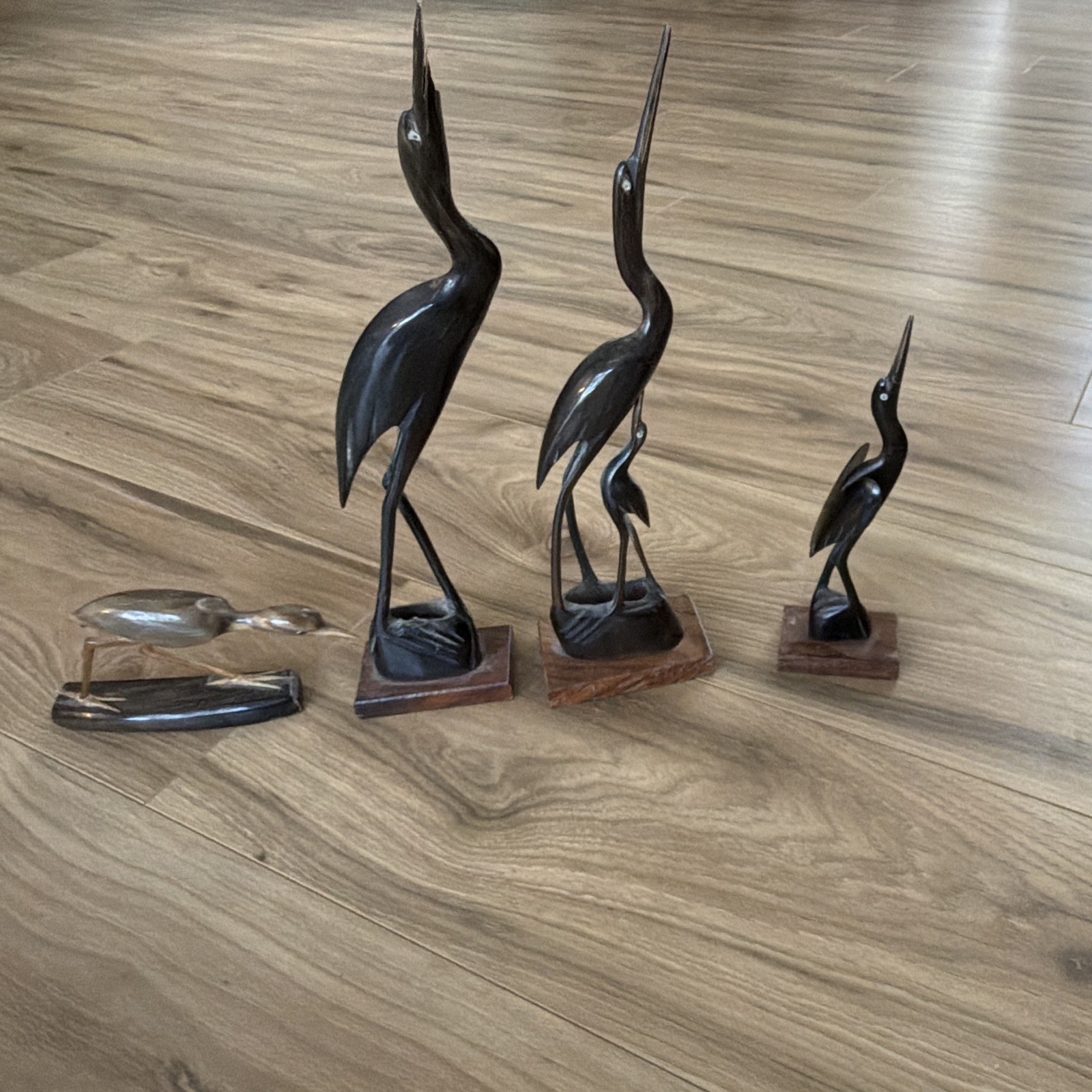 Vintage Set of 4 Hand-Carved  Buffalo Horn Bird Figurines on Bases, 