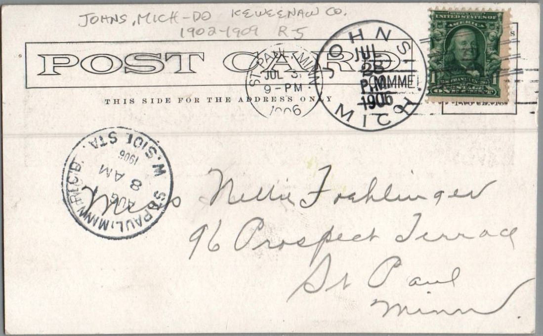 1906 Johns MI DPO (1902-1909) Postcard Singerville Isle Royale Lake Superior