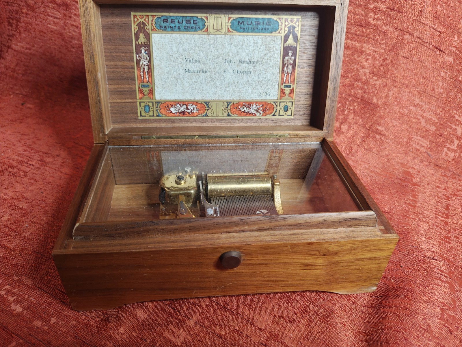 Reuge Sainte-Croix Switzerland Wooden Music Box Cylinder Plays Waltz Mazurka