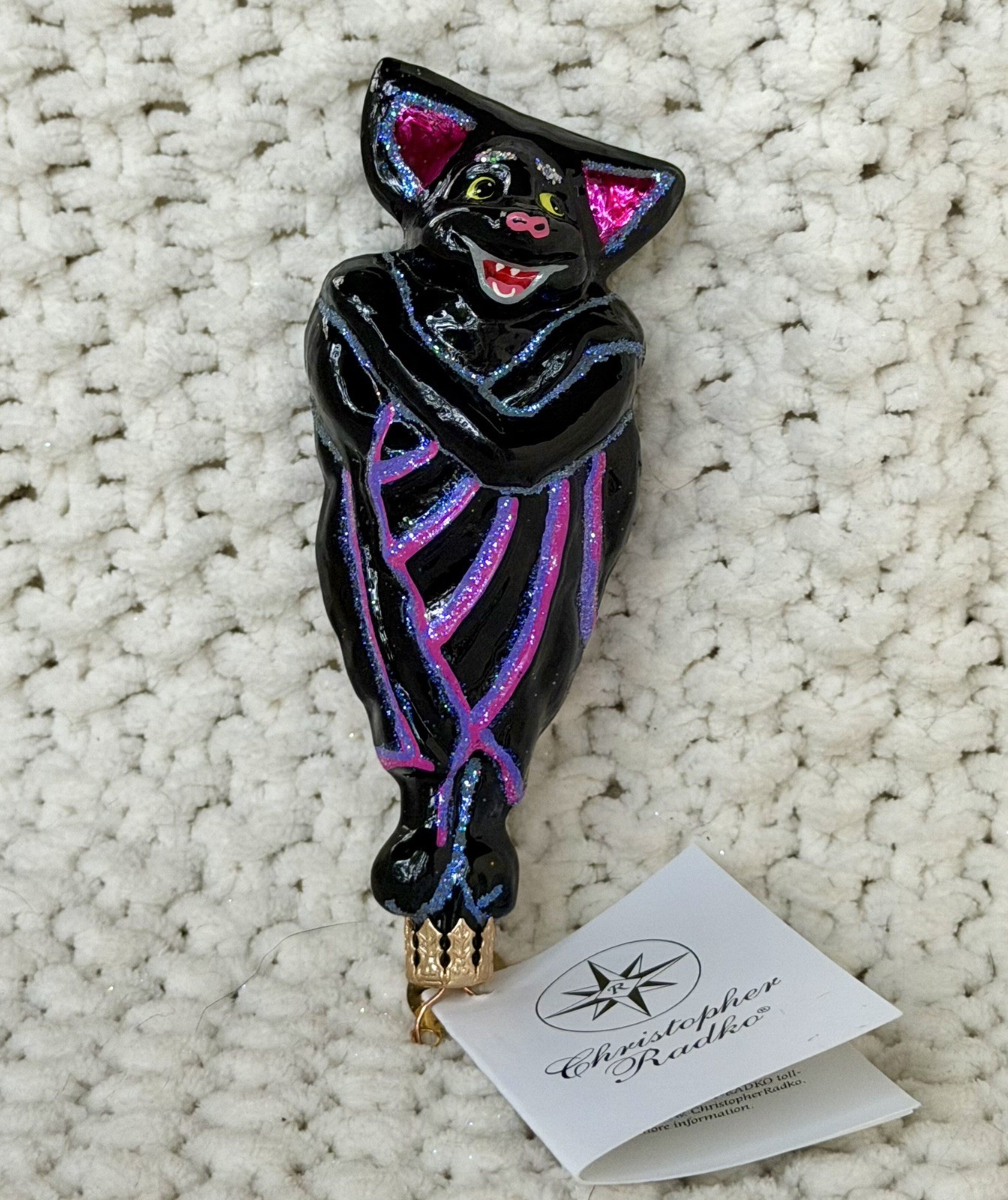 Vintage Retired Chris Radko Bat Nap Sleeping Bat Halloween Glass Ornament 4”