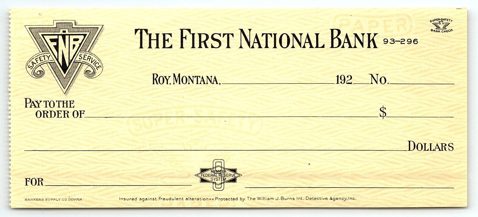 1920s ROY MONTANA  THE FIRST NATIONAL BANK  BLANK CHECK Z1650