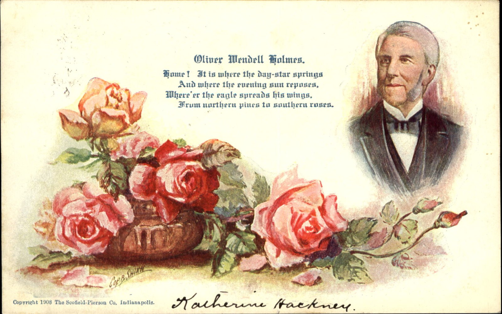 Oliver Wendell Holmes inset pink roses artist signed Cobb Shinn ~ mailed 1910 Oliver Wendell Holmes inset pink roses artist signed Cobb Shinn ~ mailed 1910