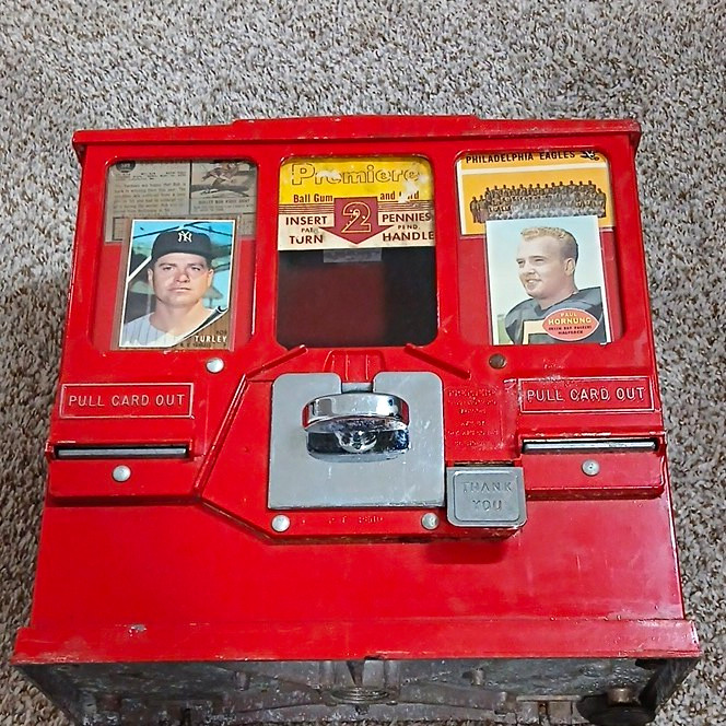 Premiere Vintage 1950s Red Metal Ball Gum and Card Vending Machine Dispenser