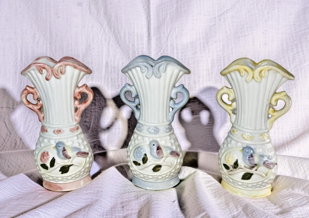 Vintage Porcelain Bud Vases Set 3 Bird Flower Raised Relief Fluted Pastel