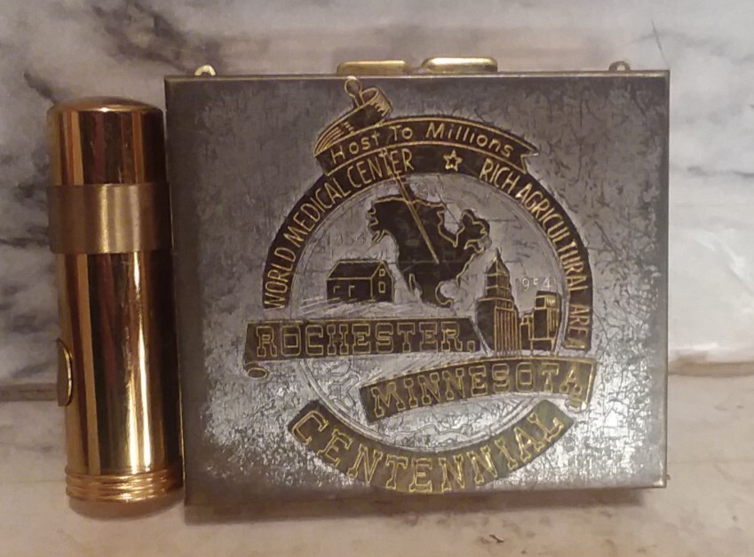 Vntg 1954 Rochester MN Centennial Brass Powder Lipstick Mirrored Double Compact