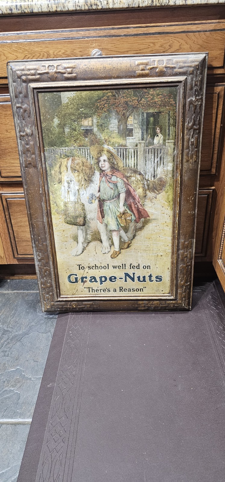 1910s ORIGINAL ANTIQUE GRAPE NUTS TIN LITHO ADVERTISING SIGN To School Well Fed 1910s ORIGINAL ANTIQUE GRAPE NUTS TIN LITHO ADVERTISING SIGN To School Well Fed
