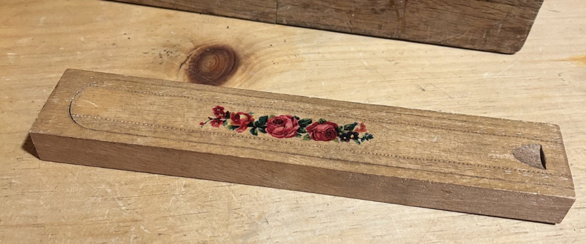 Antique Wooden Pencil Box Sliding Lid Ink Stamp B. Landman 2nd Ave NYC Antique Wooden Pencil Box Sliding Lid Ink Stamp B. Landman 2nd Ave NYC