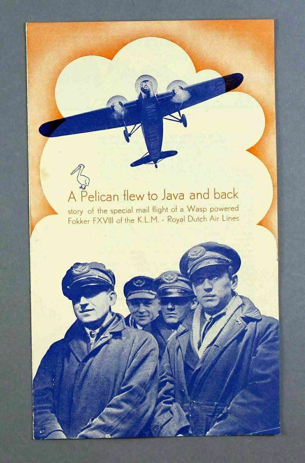 KLM PELIKAAN TO JAVA & BACK SPECIAL 1933 AIRMAIL FLIGHT VINTAGE AIRLINE BROCHURE