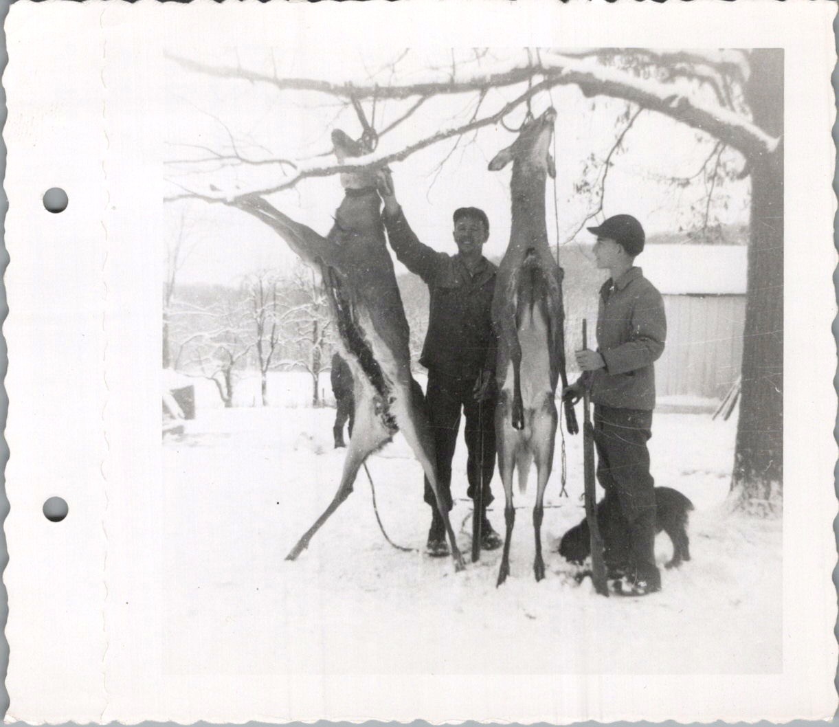 1940s Rural Winter Deer Hunt Photograph Two Hunters, Dog & Rifle in Snow 1940s Rural Winter Deer Hunt Photograph Two Hunters, Dog & Rifle in Snow