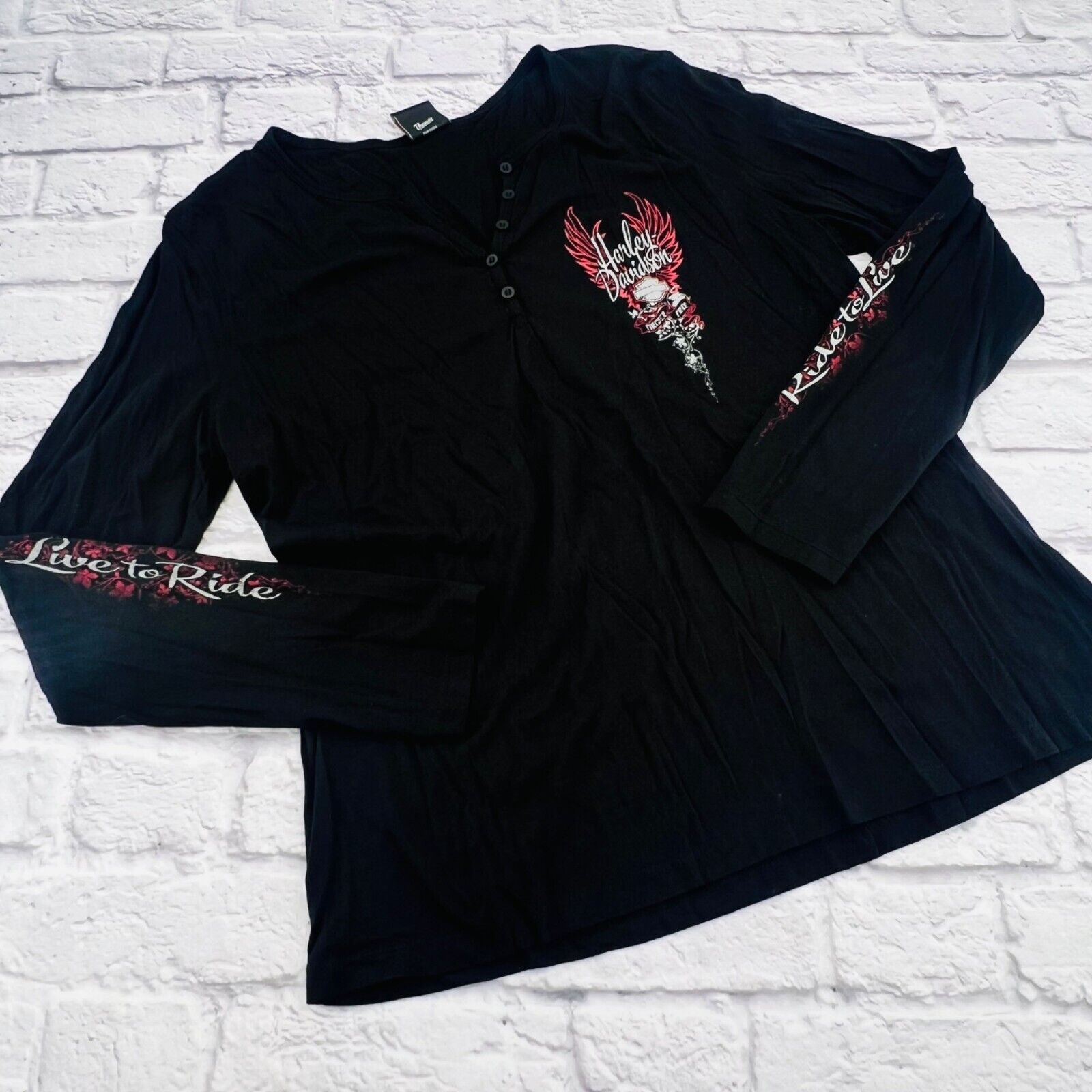Harley Davidson Long Sleeve Henley Shirt 3XL Black Vigilante Metallic Ink