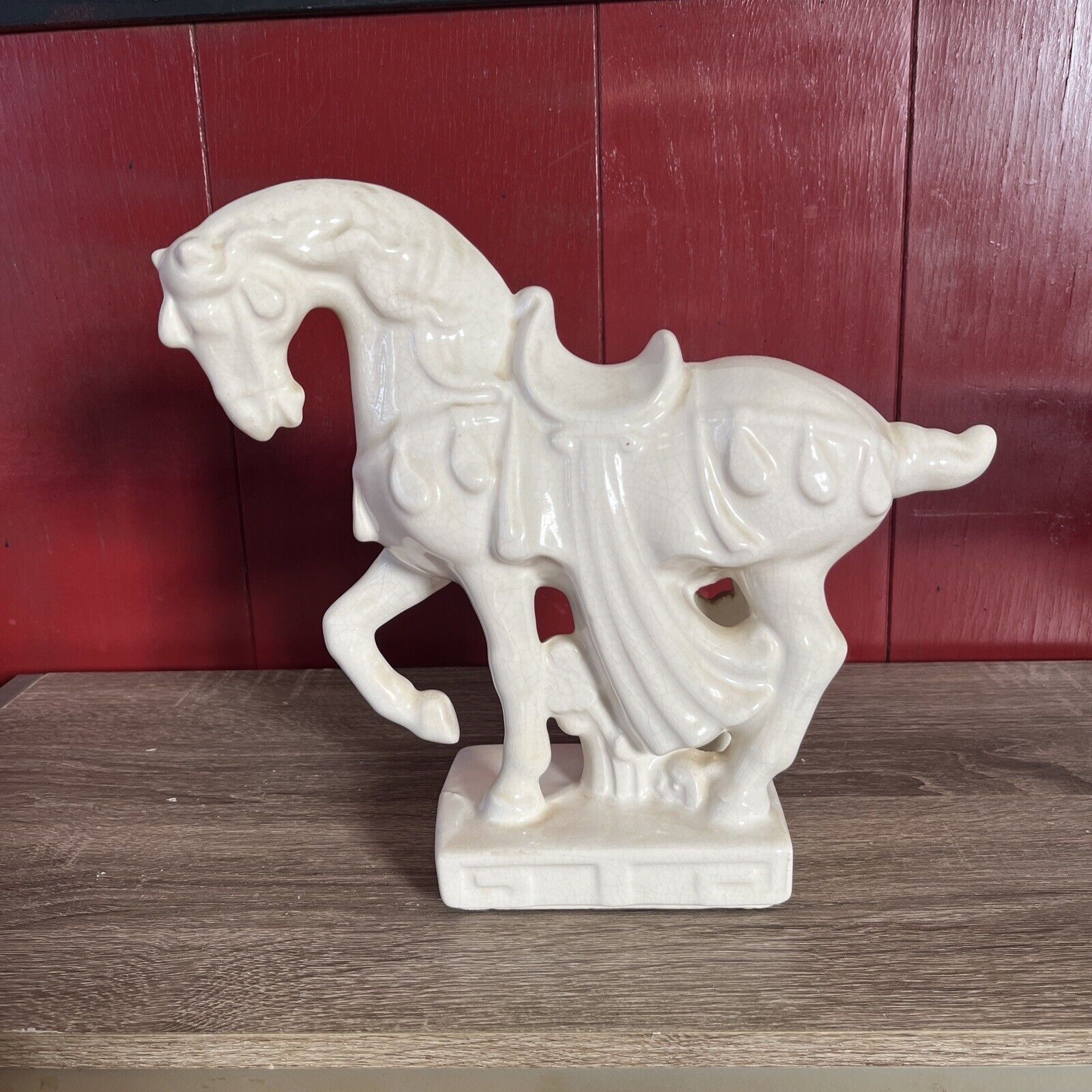 1960's Mid-Century Ceramic Crackle Tang Dynasty War Horse Sculpture