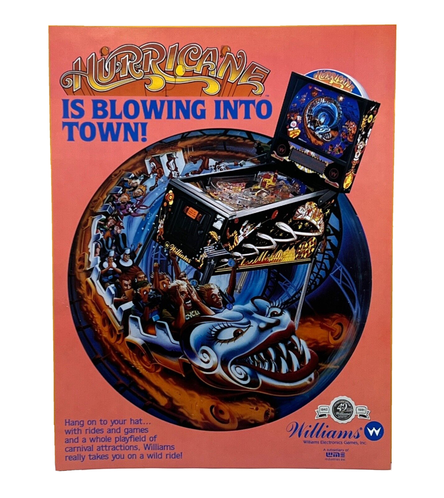 Williams Hurricane Pinball Flyer Original 90s Promo Retro Gameroom Art Vintage
