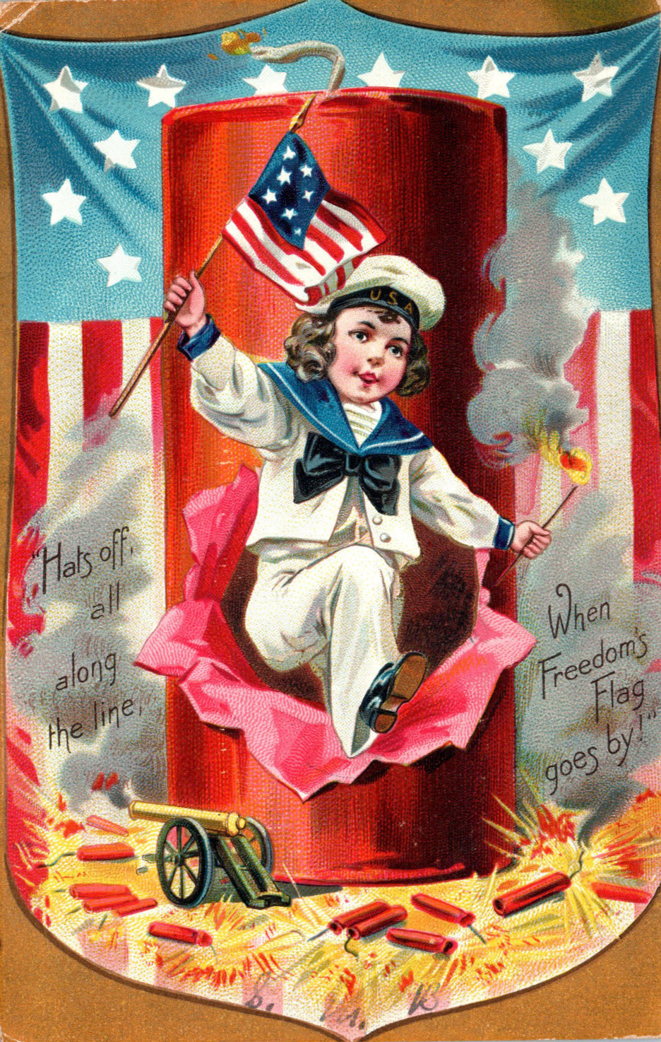 Raphael Tuck 4th Of July Patriotic Postcard Boy American Flag Cannon Firecracker