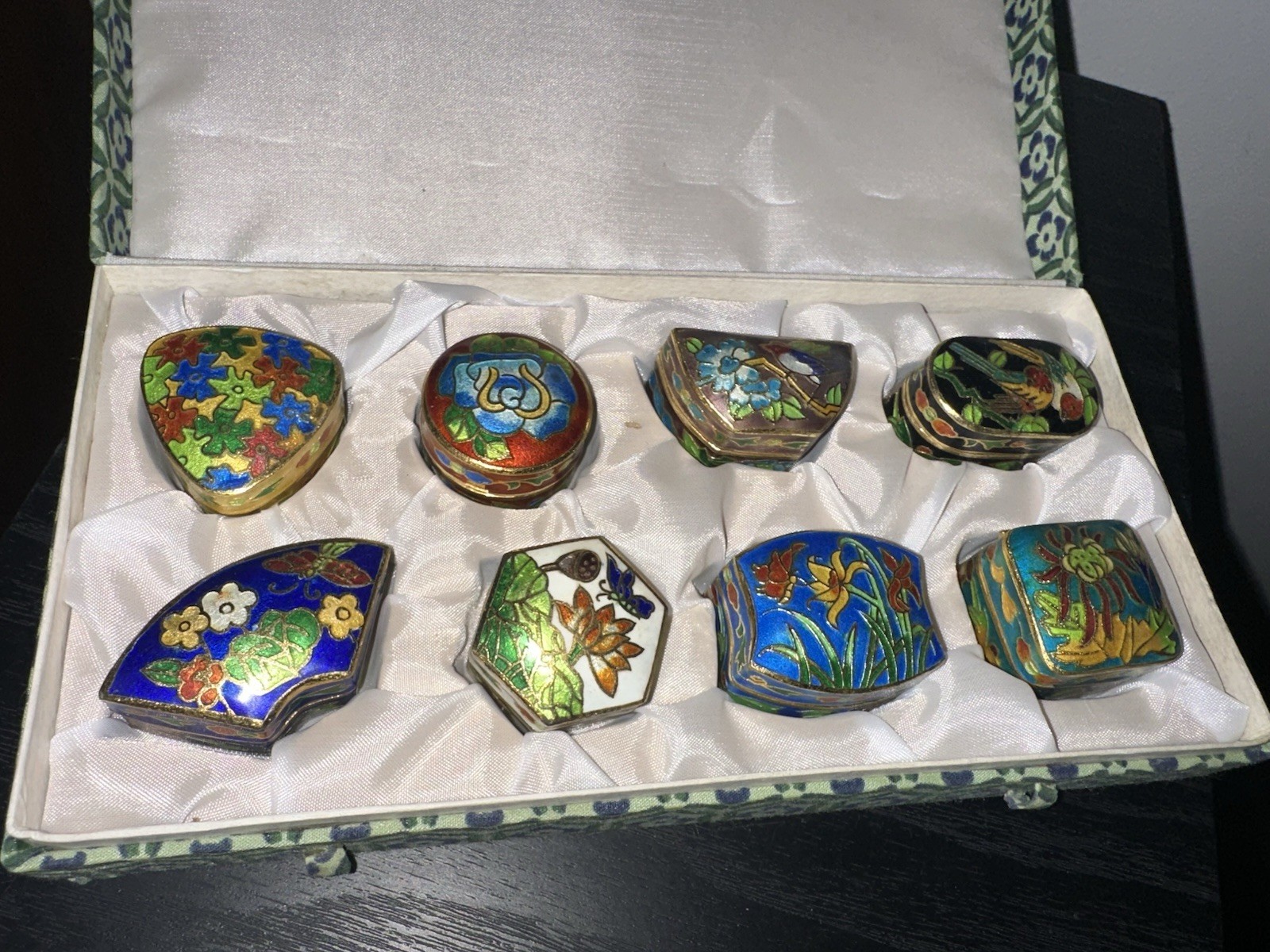 Vintage Pill Box Case Set of 8 Gold Tone Enamel Teal Inside Trinket Pill Box