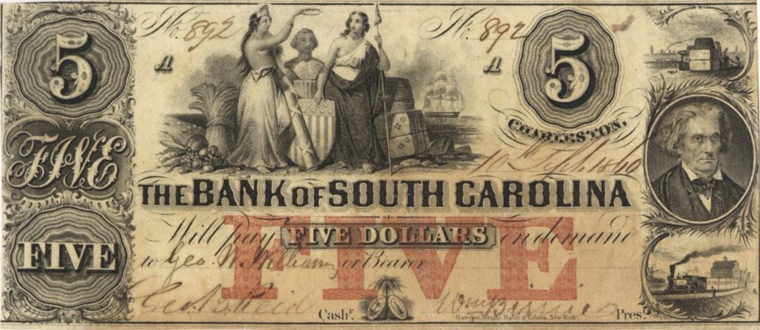 Bank of South Carolina $5 - Obsolete Notes - Paper Money - US - Obsolete