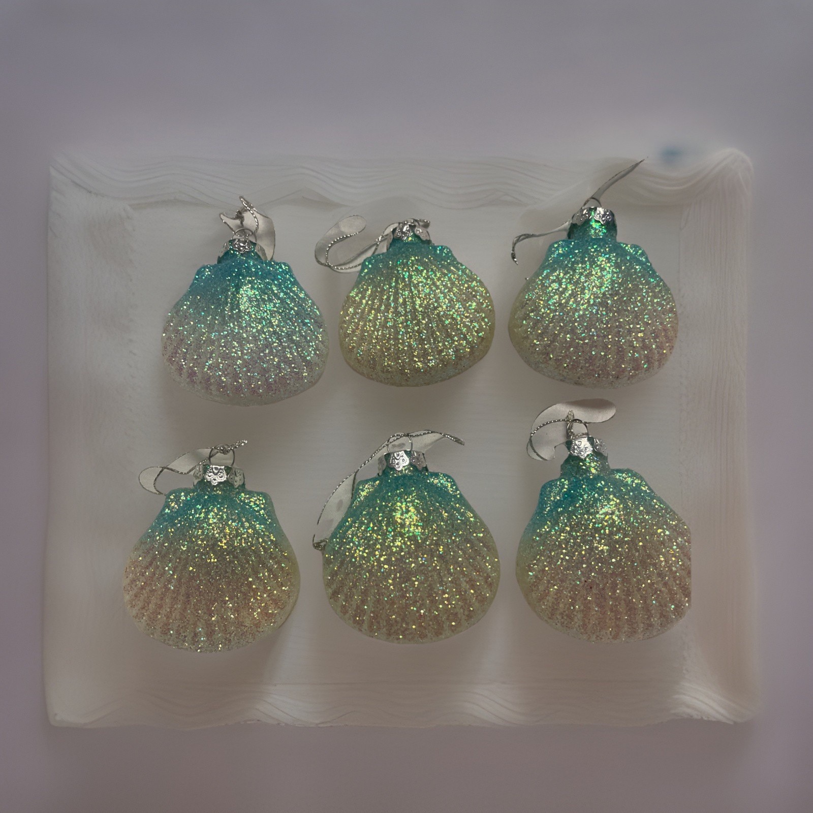 6 Vintage Acrylic Scallop Sea Shell Christmas Ornaments Green Glitter
