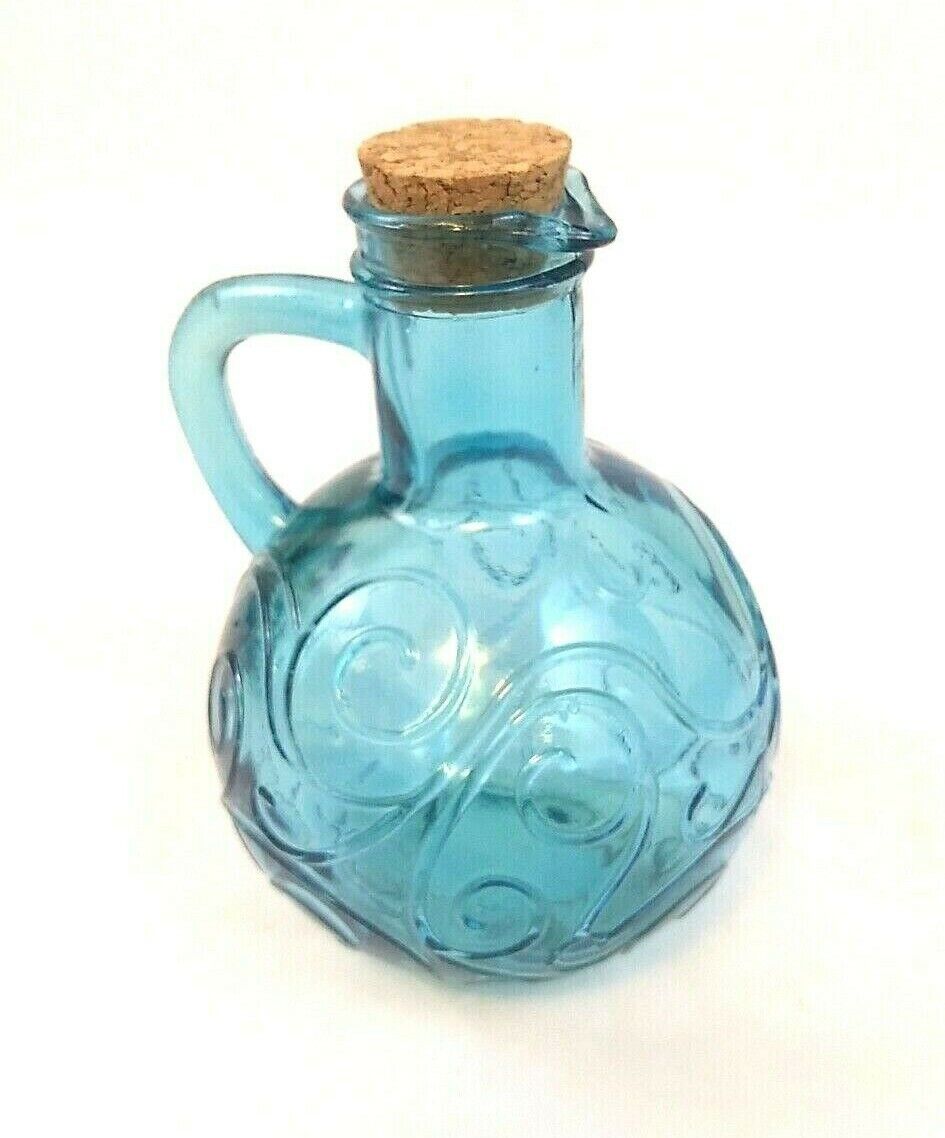 Glass Decanter Blue Aqua Pour Bottle Cork Handle 5 1/2\