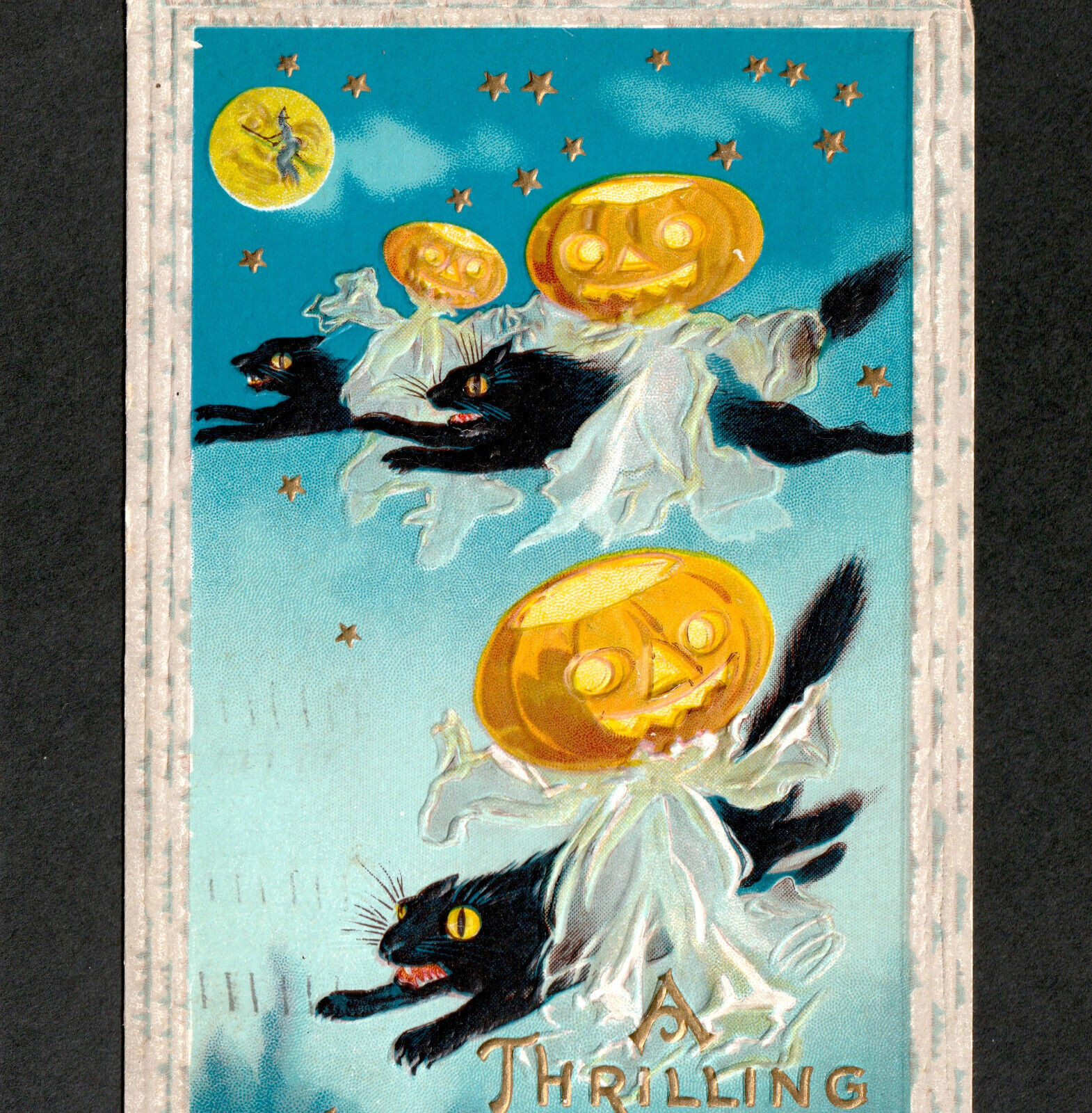 A Thrilling Halloween Witch JOL Pumpkin Ghost Cat Barton & Spooner 34A PostCard