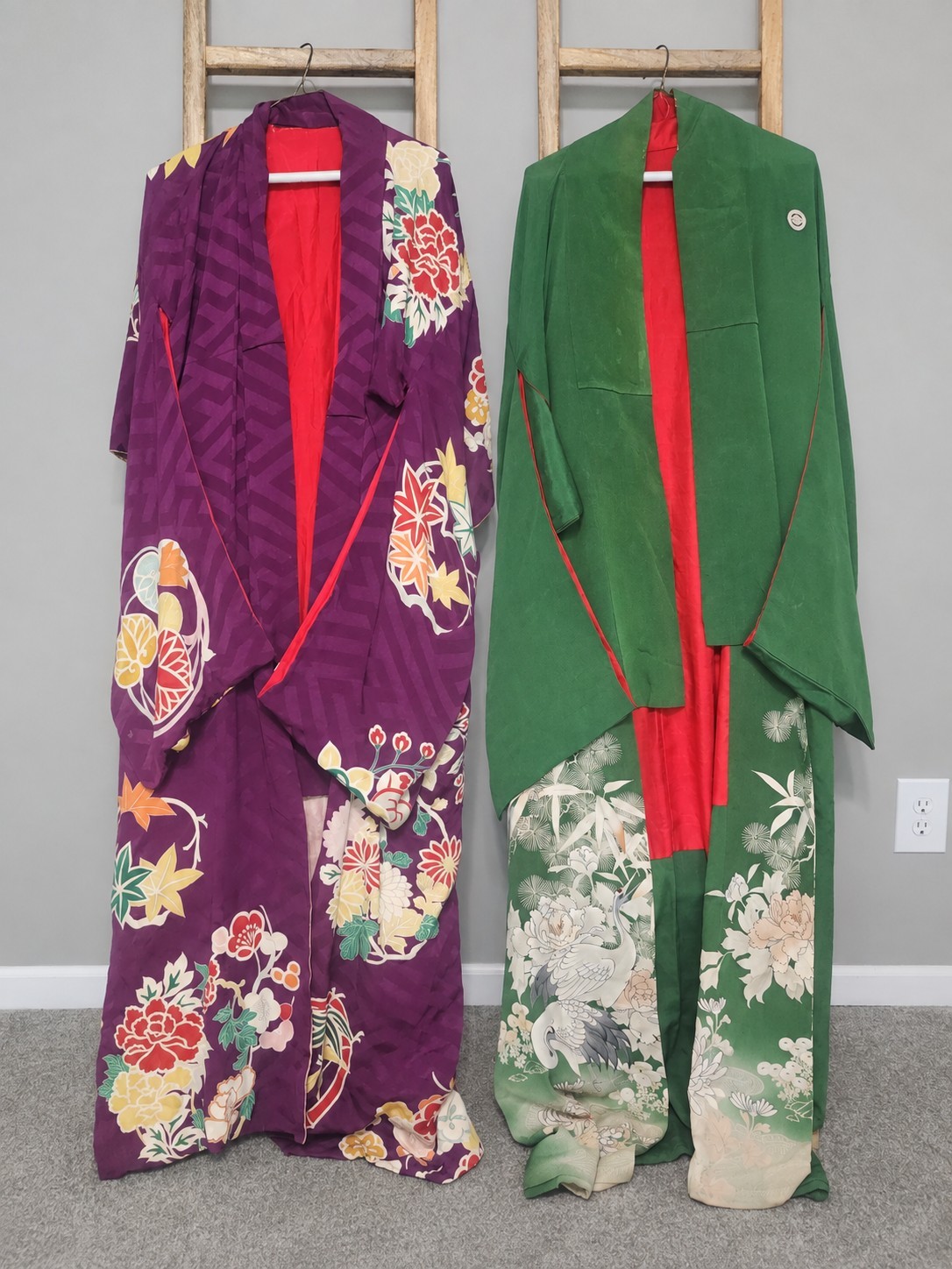 2 Vintage Japanese Stage Kimono Robes Crane Floral Theatrical Costumes 52\