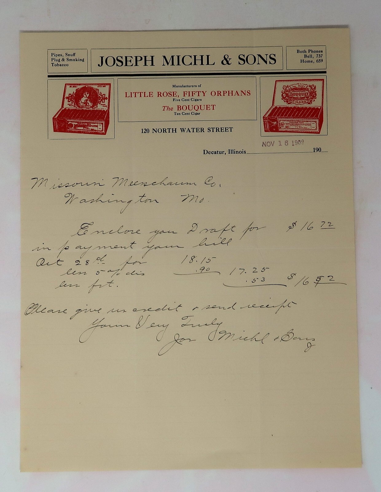 Vintage Ephemera 1909 Bill Head, Joseph Michl & Co. Little Rose, Fifty Orphans