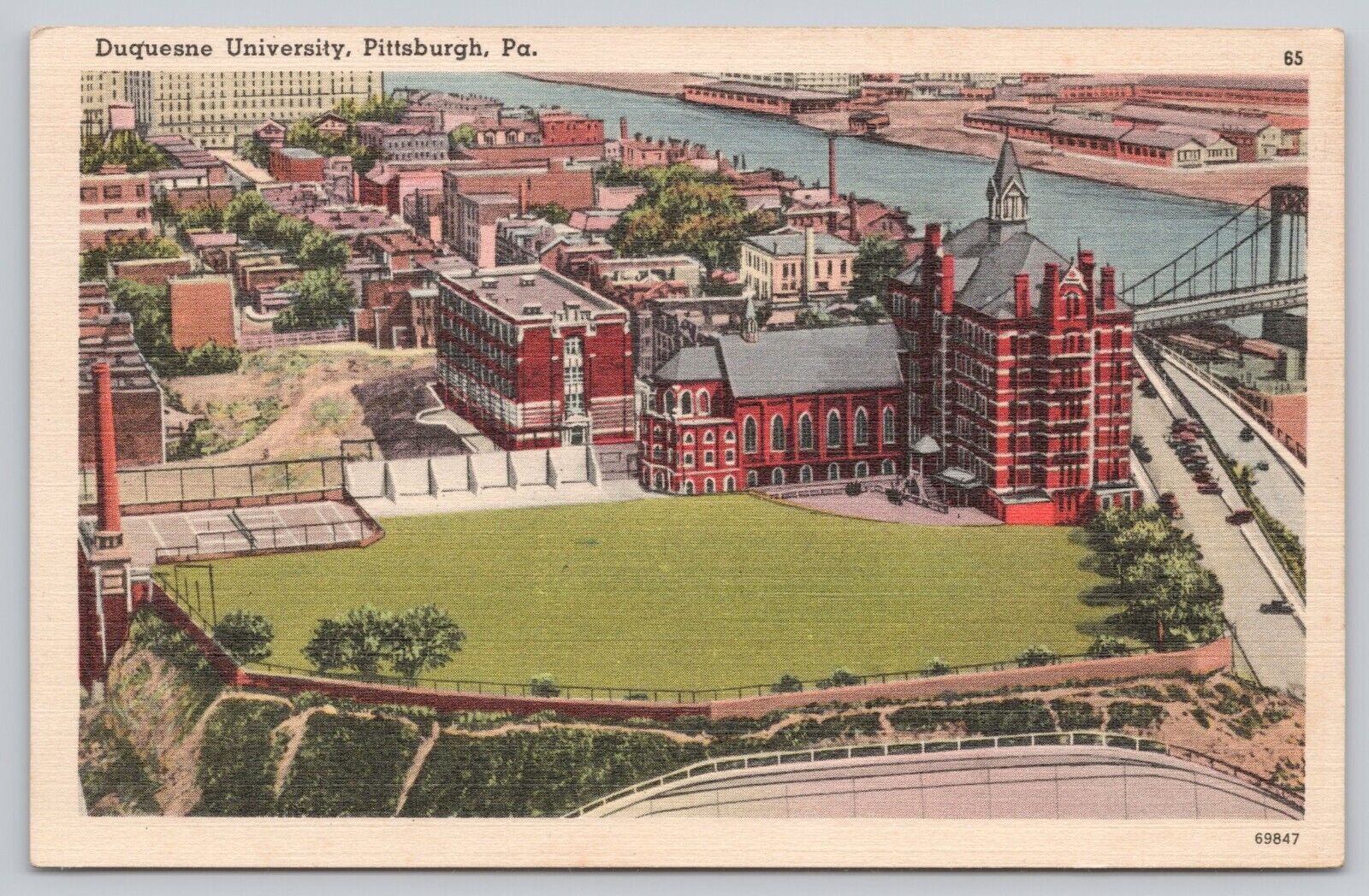 Duquesne University Aerial View Pittsburgh Pennsylvania Vintage Linen Postcard