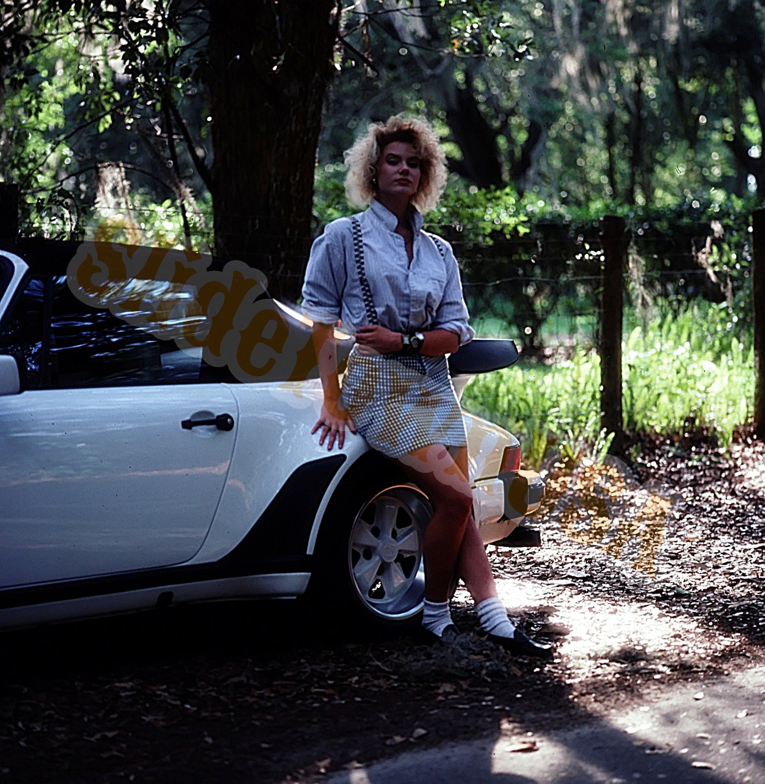 Vtg 120 Transparency 1980s Woman Suspenders Plaid Skirt Porsche 911 Turbo N-424