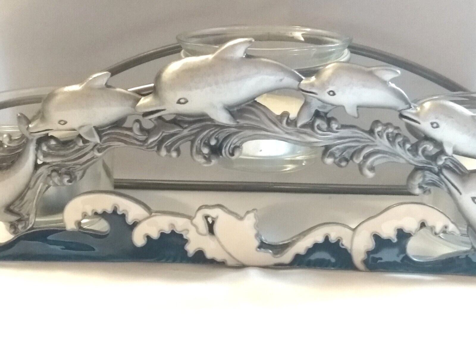 Dolphin votive candle holder sea life decor with blue waves