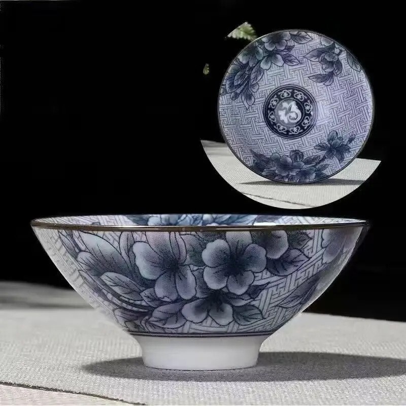 Handmade Blue White Porcelain Tea Cup 70ml Floral Chinese Tasting Bowl