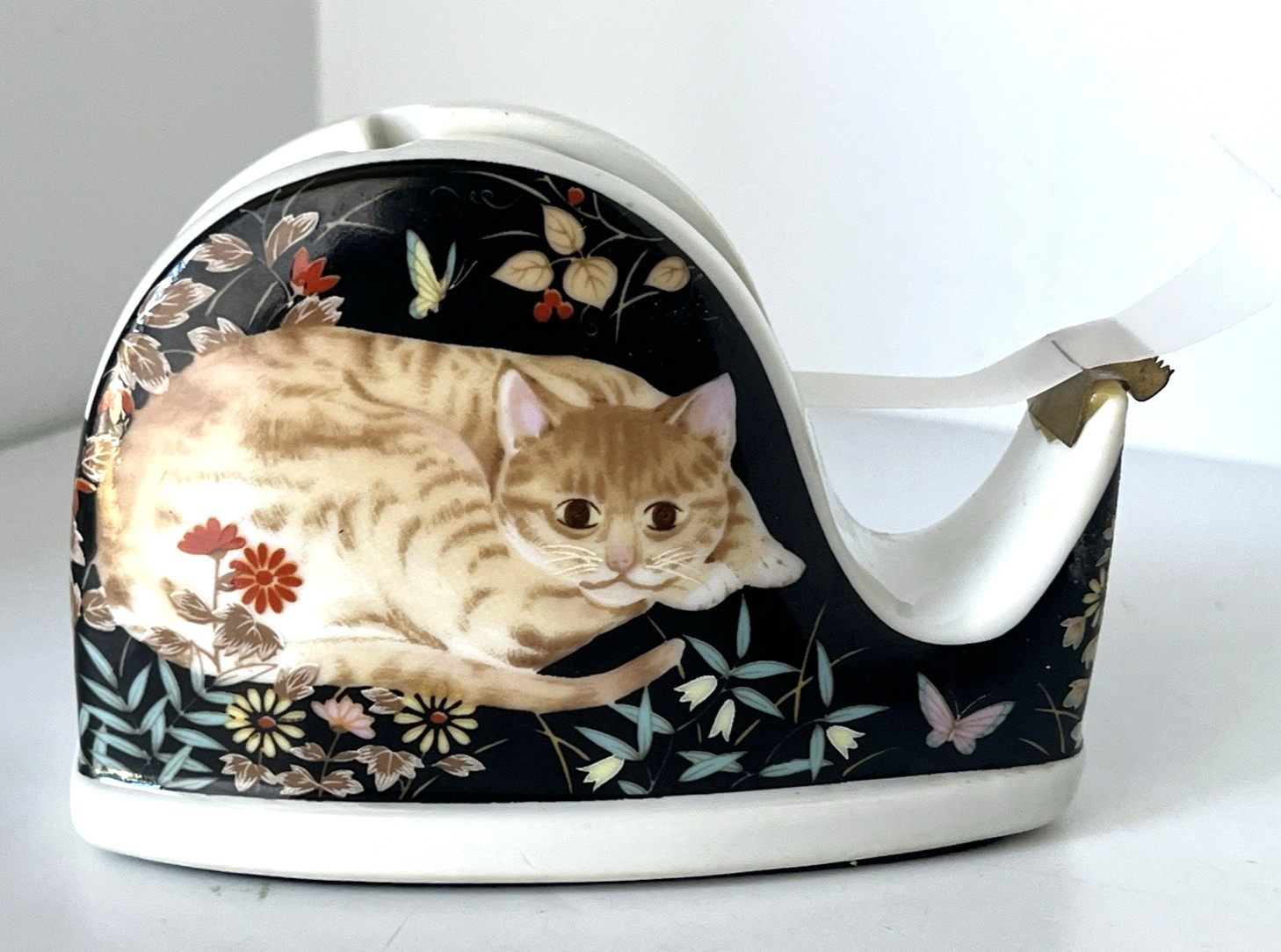 Vintage Takahashi Japan Tabby Cat Ceramic Tape Dispenser  1980's Desktop