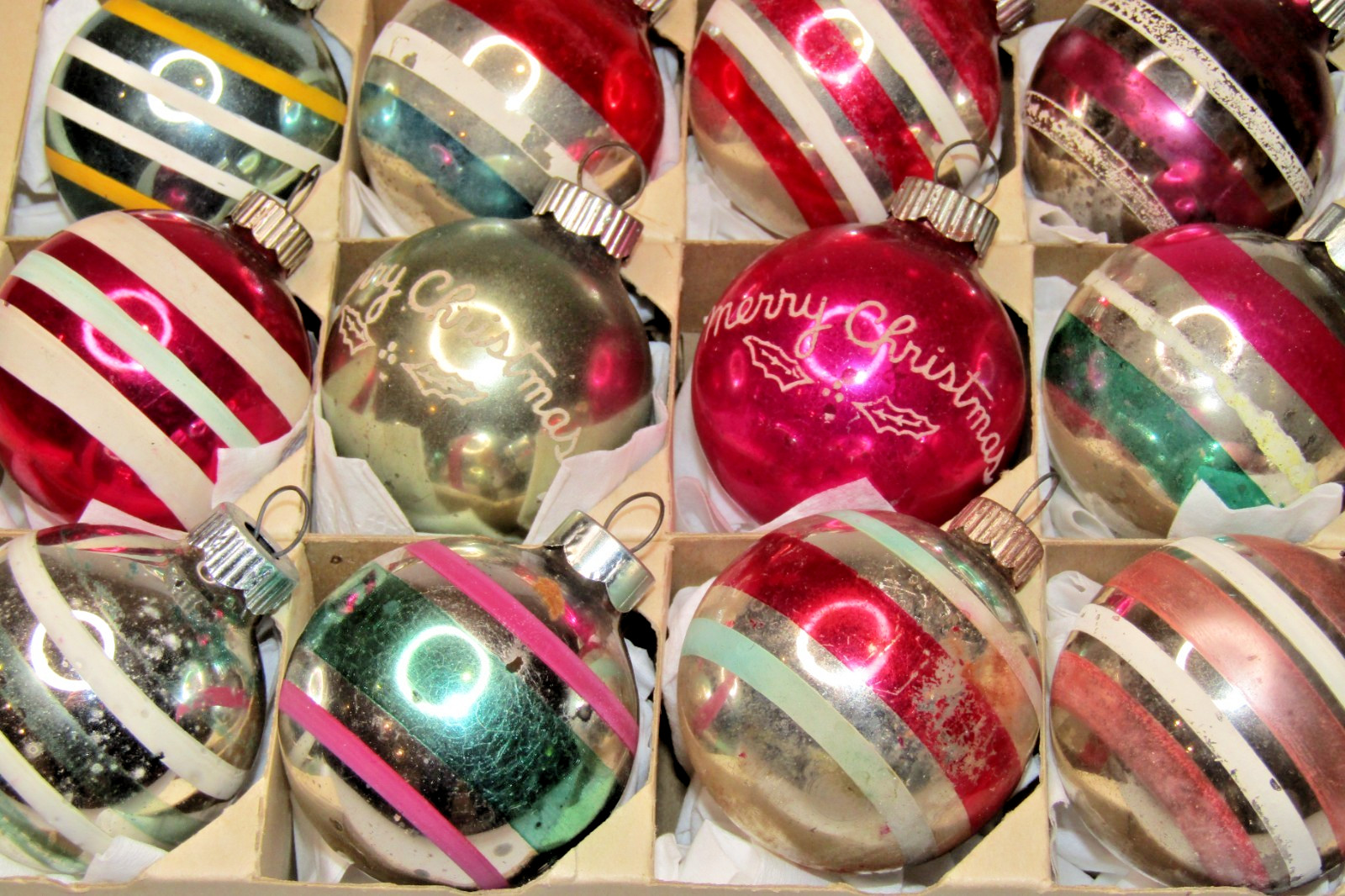 Lot VTG Glass MERRY Pictured Striped Small BALL Christmas Ornaments Shiny Brite