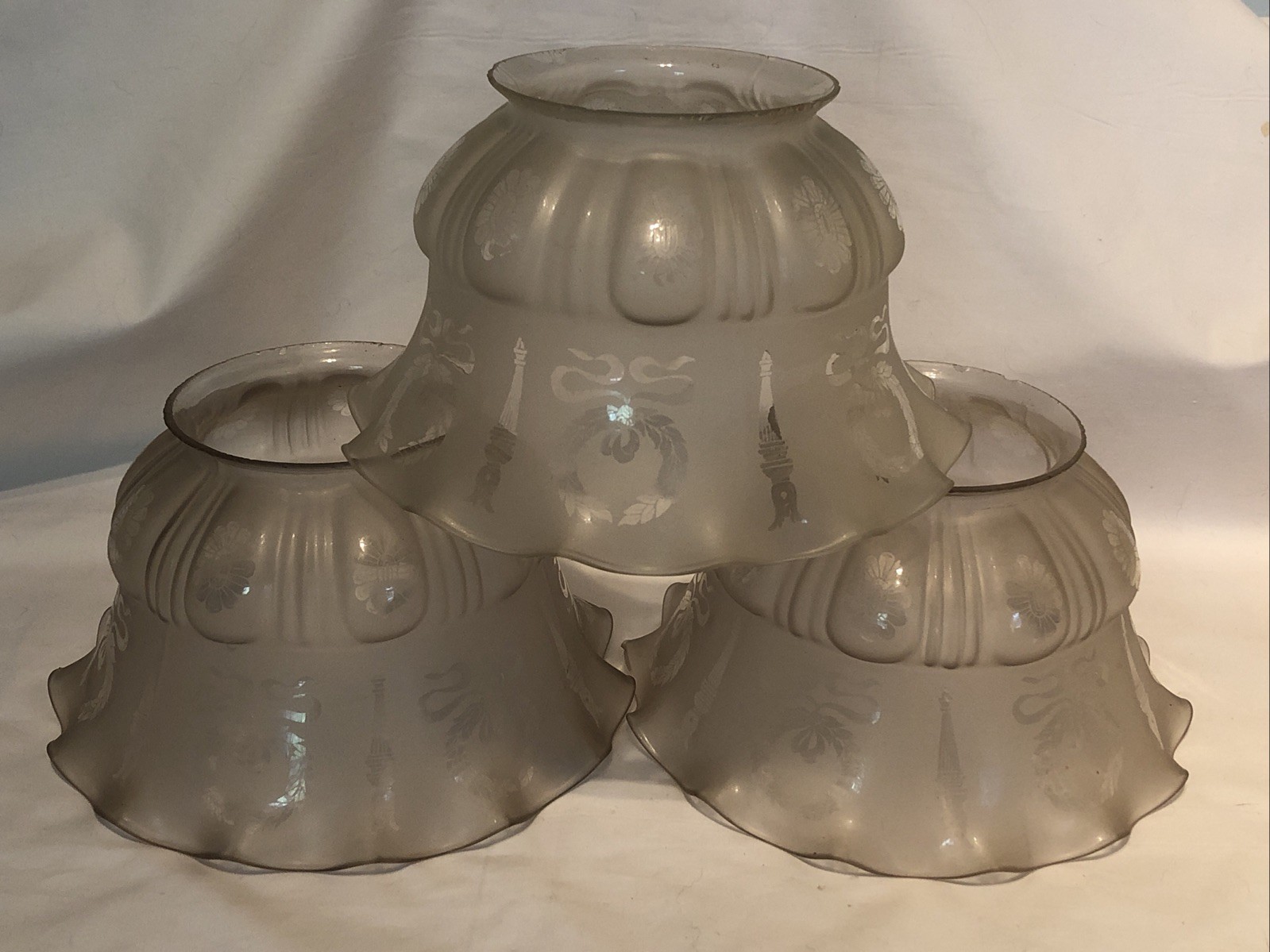 Vintage Etched Glass Fluted Gas Chandelier Shades 4” Fitter Set of 3