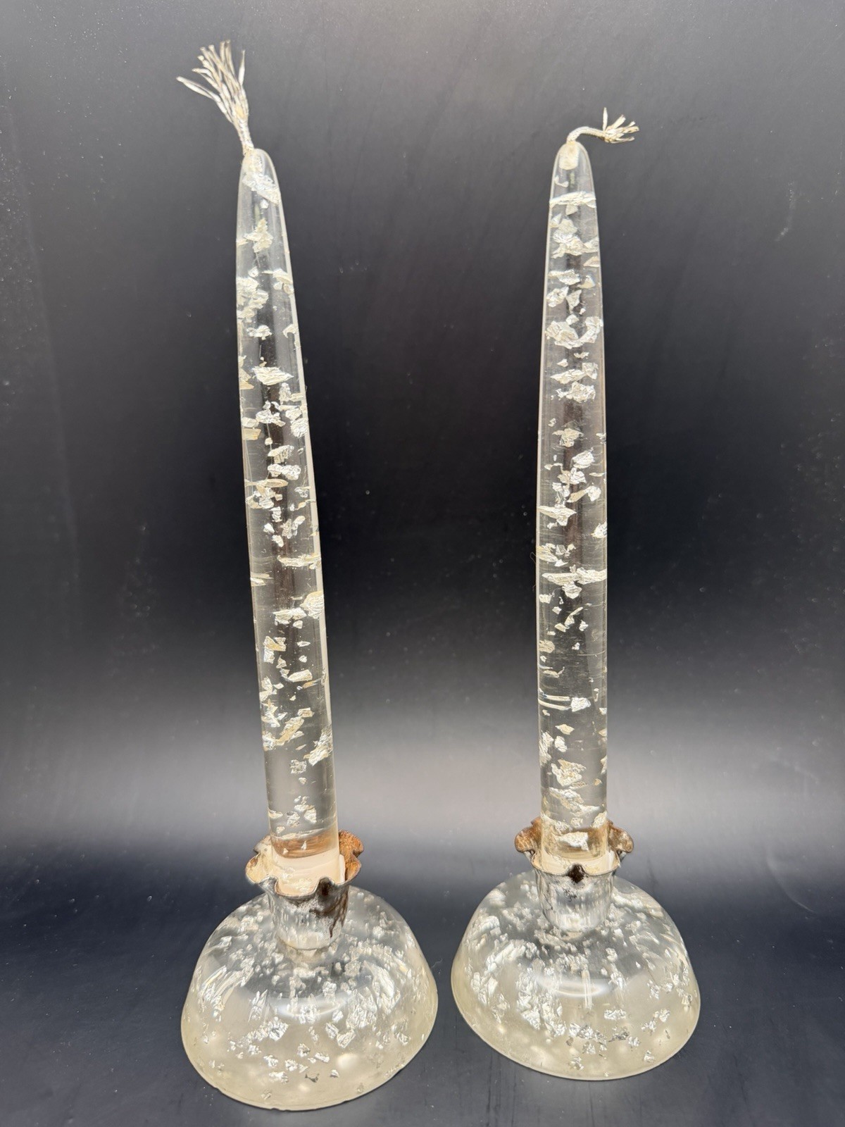Vintage Pair Of MCM Silver Flake Lucite Acrylic 8\ Vintage Pair Of MCM Silver Flake Lucite Acrylic 8\