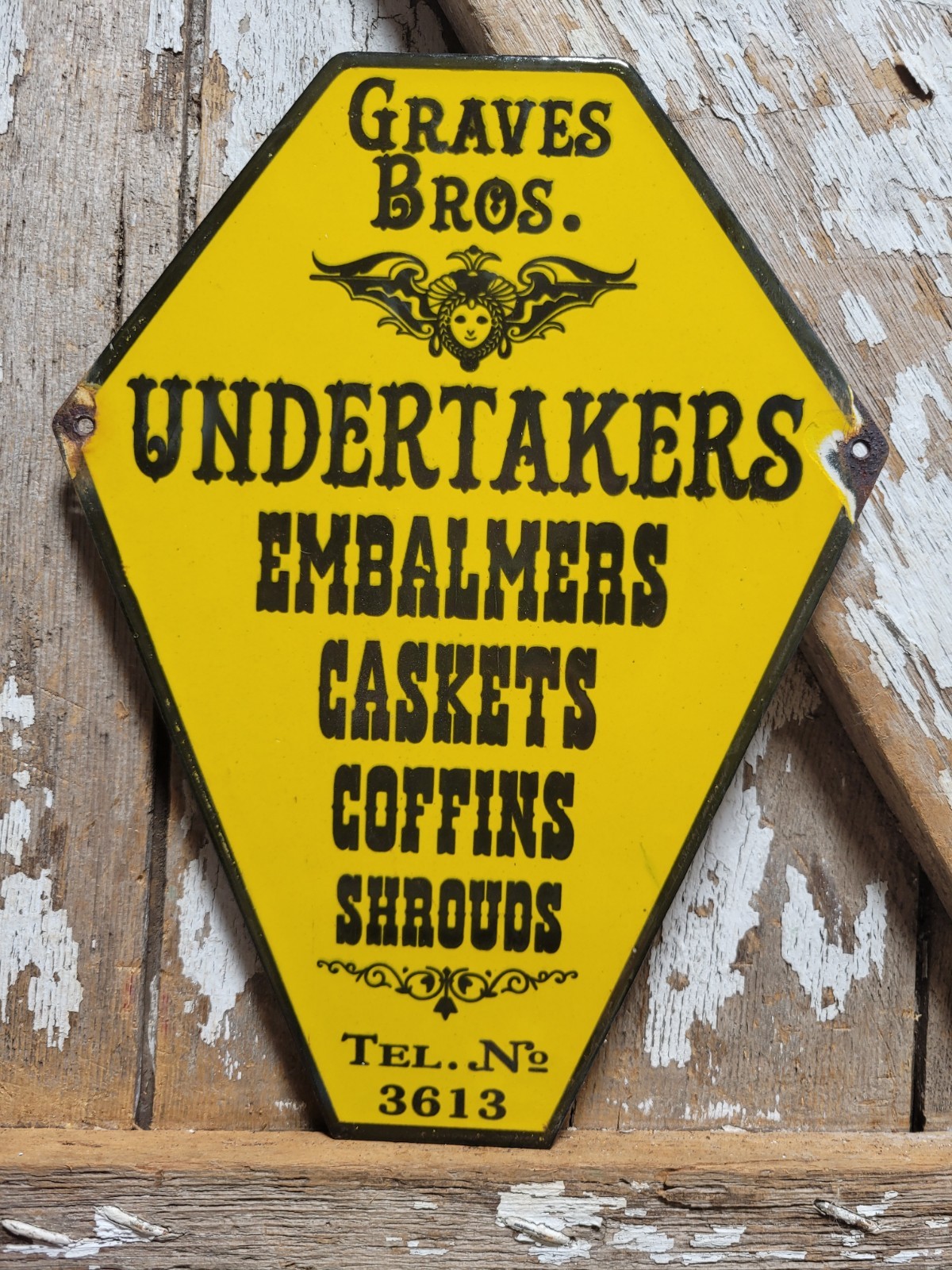 VINTAGE GRAVES BROS PORCELAIN SIGN OLD FUNERAL CASKET EMBALMING COFFINS DEATH