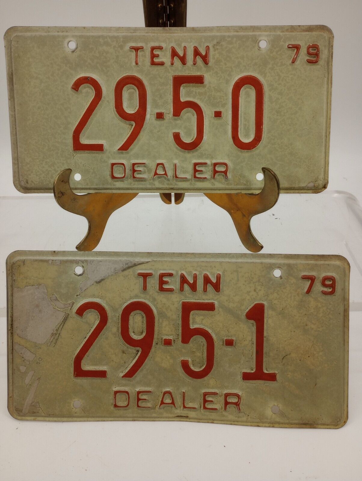 Vintage Pair Tennessee TN Auto Dealer License Plate Tag 1979 Red / White 